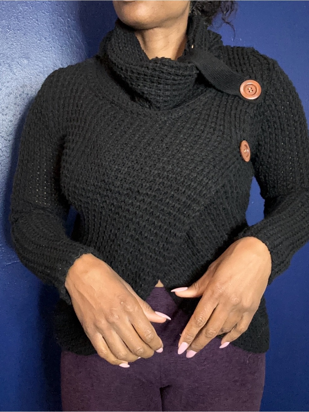 Miracle Black Crossover Cowl-Neck Sweater with Button Accents